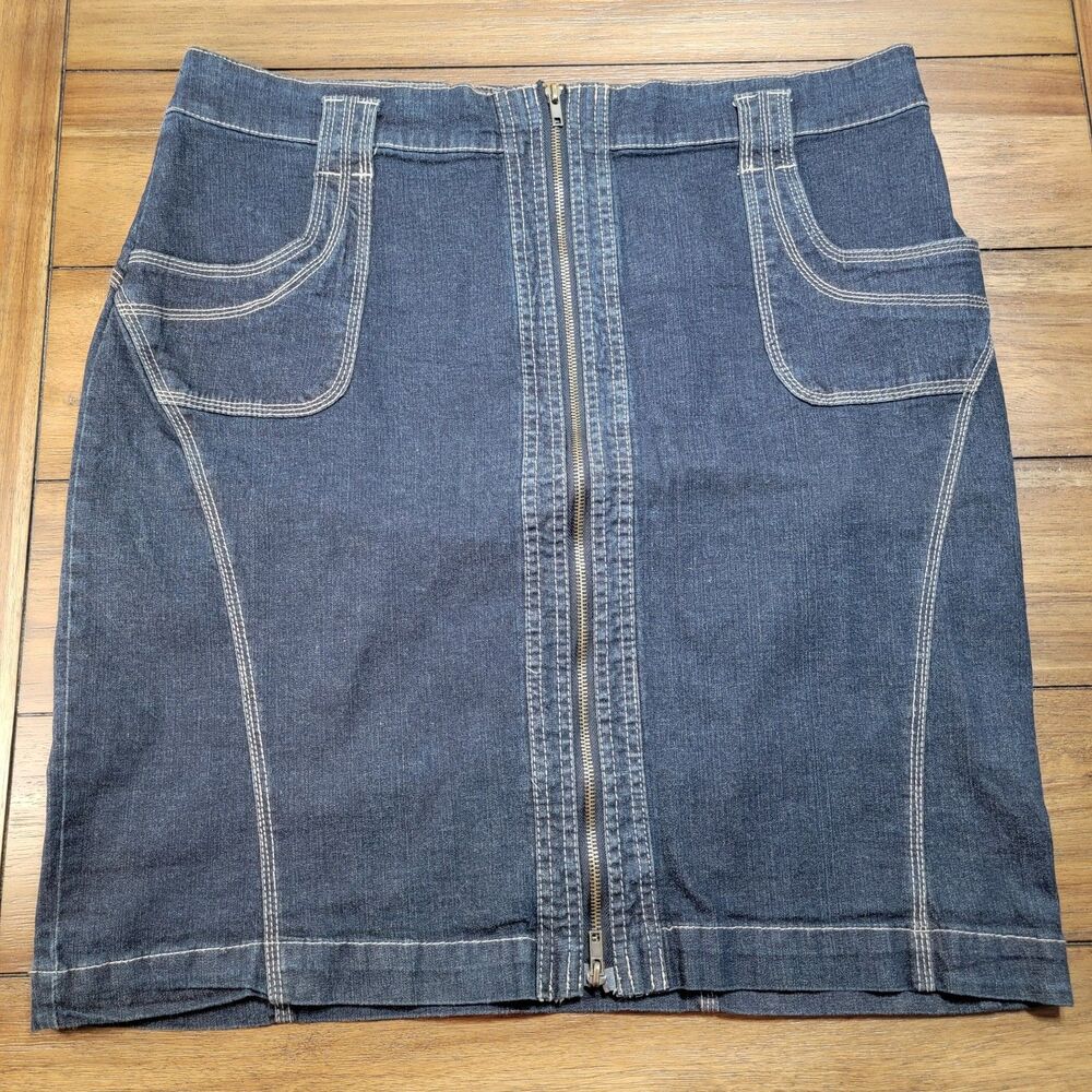 Angel Kiss Full Zip Front Midi Dark Denim Skirt